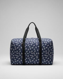 Dark Blue Flamingo Print Pure Cotton Travel Bag with 2 Zips