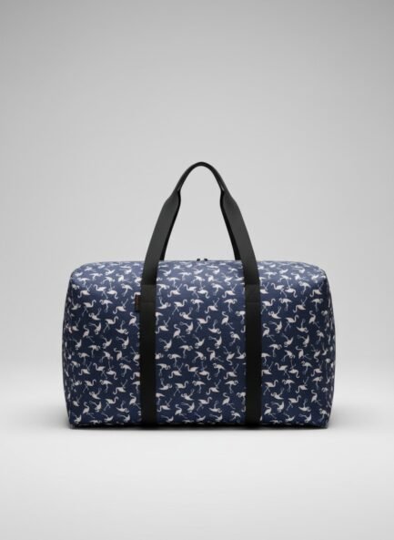 Dark Blue Flamingo Print Pure Cotton Travel Bag with 2 Zips
