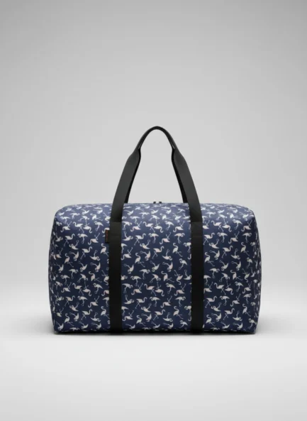 Dark Blue Flamingo Print Pure Cotton Travel Bag with 2 Zips