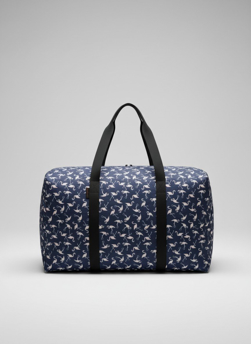 Dark Blue Flamingo Print Pure Cotton Travel Bag with 2 Zips