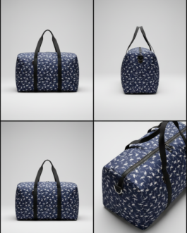 Dark Blue Flamingo Print Pure Cotton Travel Bag with 2 Zips