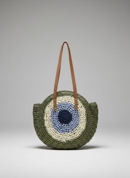 Japanese Jhula-Style Round Raffia Hand Bag with Zip