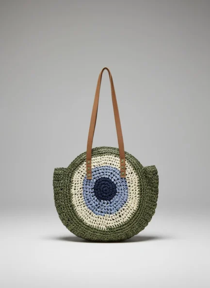 Japanese Jhula-Style Round Raffia Hand Bag with Zip