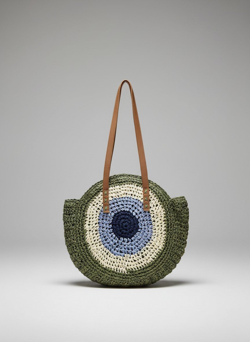 Japanese Jhula-Style Round Raffia Hand Bag with Zip