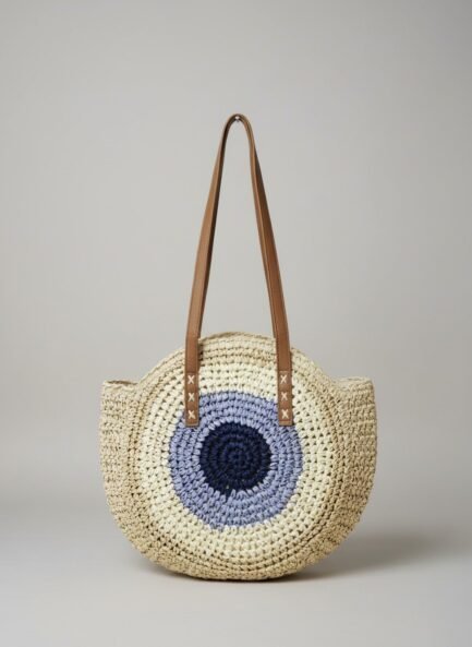 Japanese Jhula-Style Round Raffia Hand Bag with Zip
