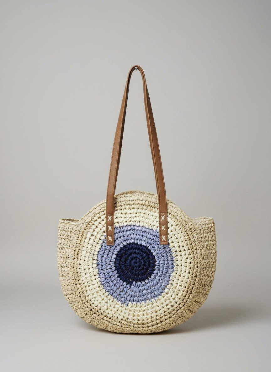 Japanese Jhula-Style Round Raffia Hand Bag with Zip