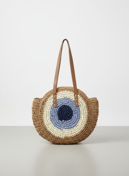 Japanese Jhula-Style Round Raffia Hand Bag with Zip