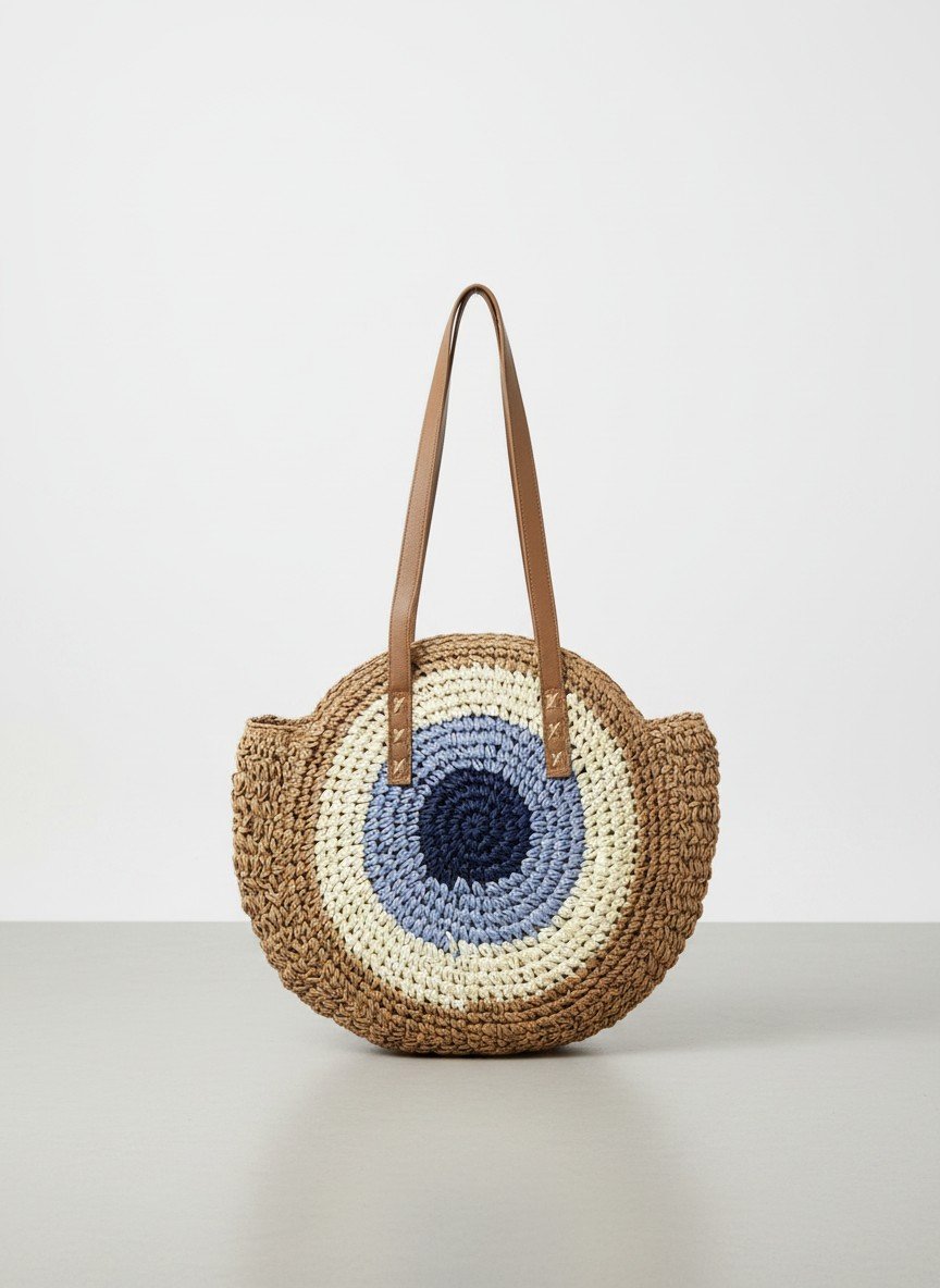 Japanese Jhula-Style Round Raffia Hand Bag with Zip