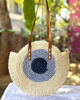 Japanese Jhula-Style Round Raffia Hand Bag with Zip