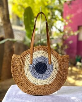 Japanese Jhula-Style Round Raffia Hand Bag with Zip