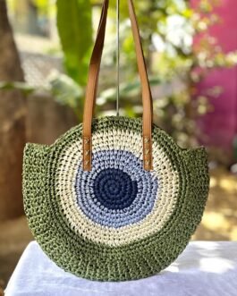 Japanese Jhula-Style Round Raffia Hand Bag with Zip