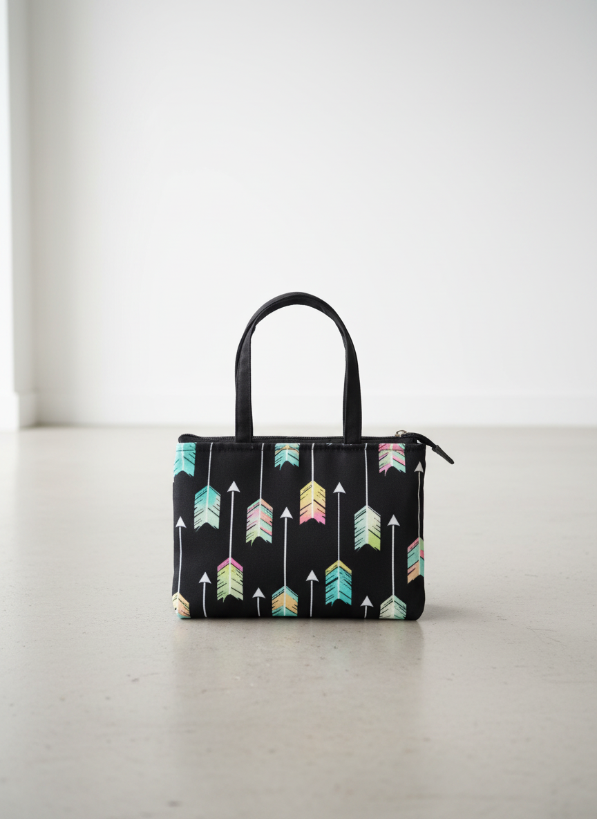 Printed Small Hand Bag with 3 Zip Compartments