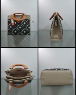 Printed Wooden Handle Handbag with 3 Inner Compartments