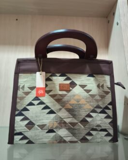 Printed Wooden Handle Handbag with 3 Inner Compartments