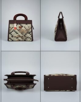 Printed Wooden Handle Handbag with 3 Inner Compartments
