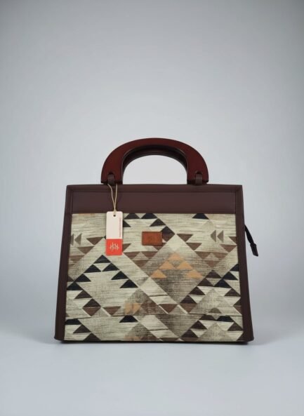 Printed Wooden Handle Handbag with 3 Inner Compartments