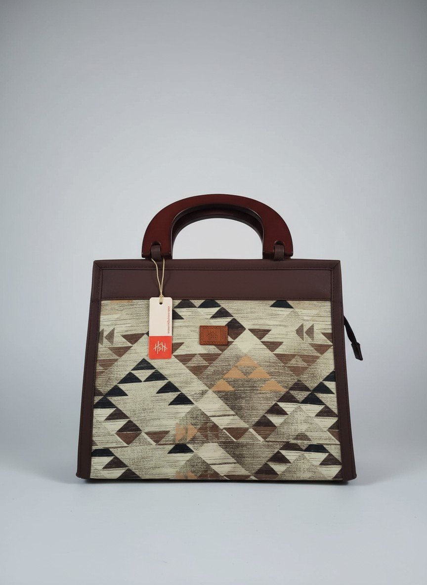 Printed Wooden Handle Handbag with 3 Inner Compartments