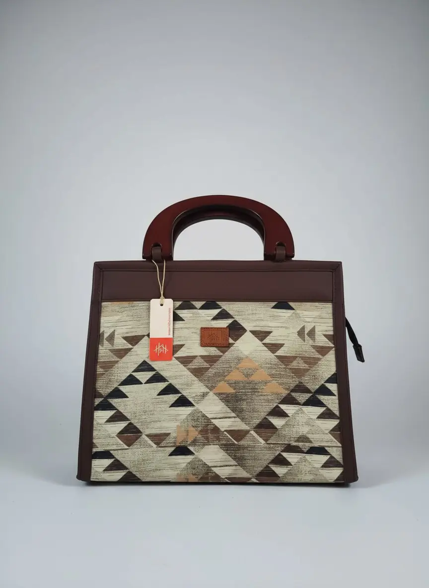 Premium Printed Wooden Handle Handbag with 3 Inner Compartments