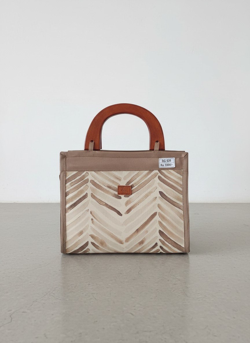Printed Wooden Handle Handbag with 3 Inner Compartments