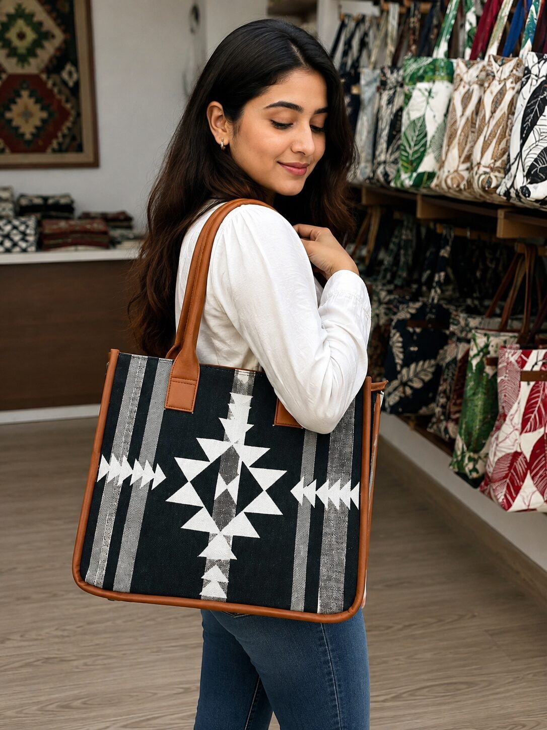 Cotton Box-Style Handbag with Zip