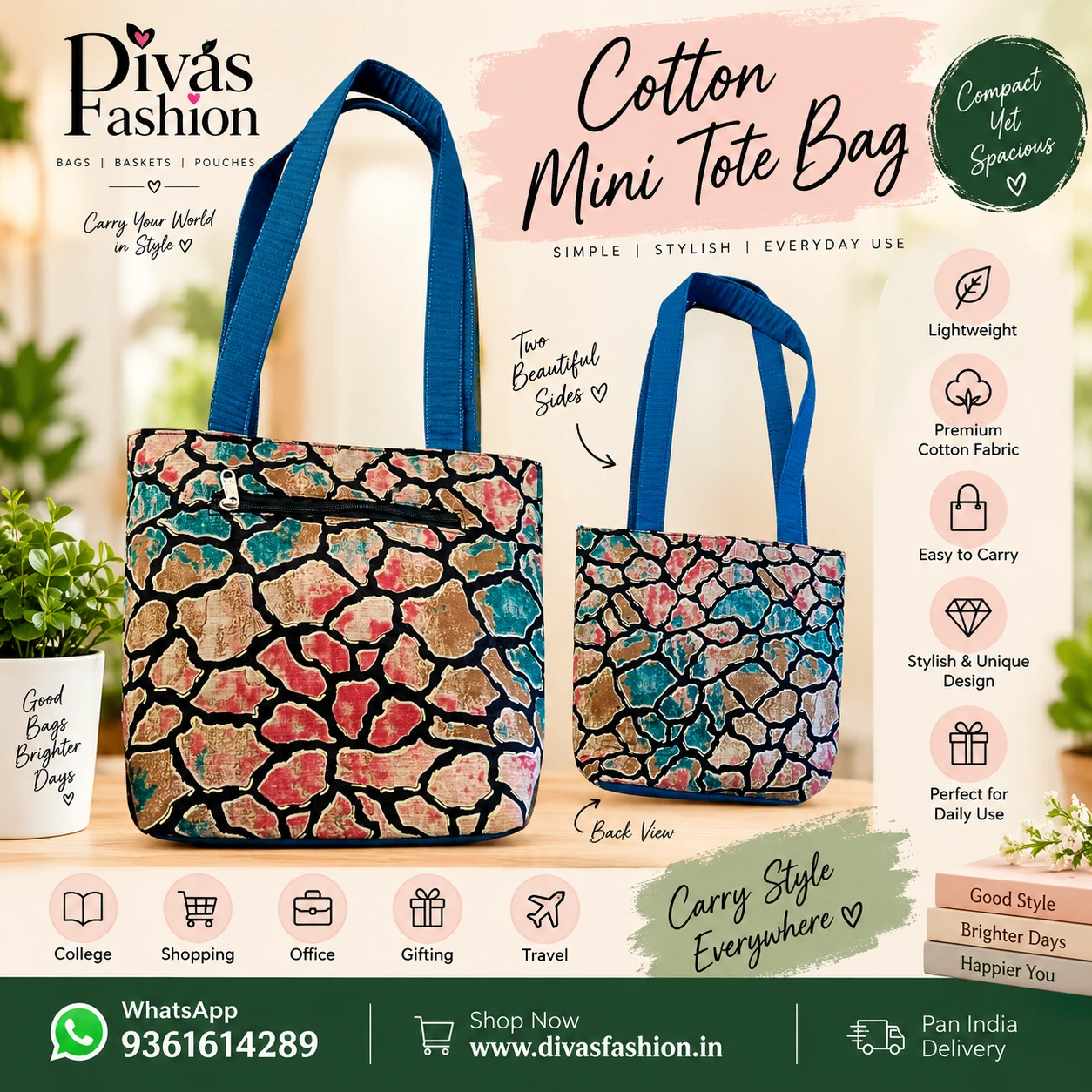 Pure Cotton  Small Handbag with Zip