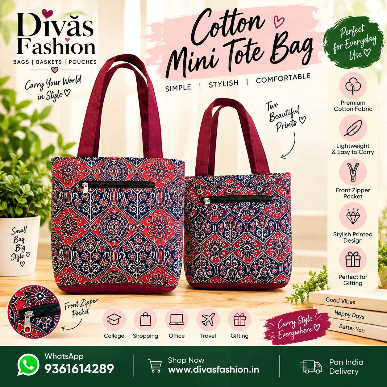 Pure Cotton  Small Handbag with Zip