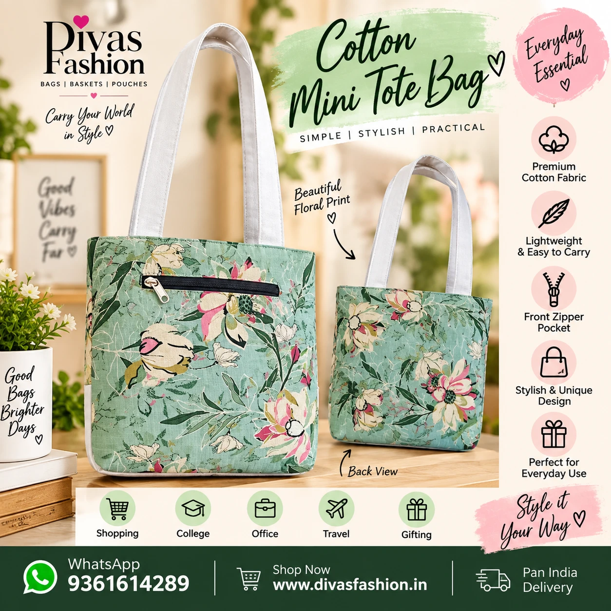Pure Cotton  Small Handbag with Zip