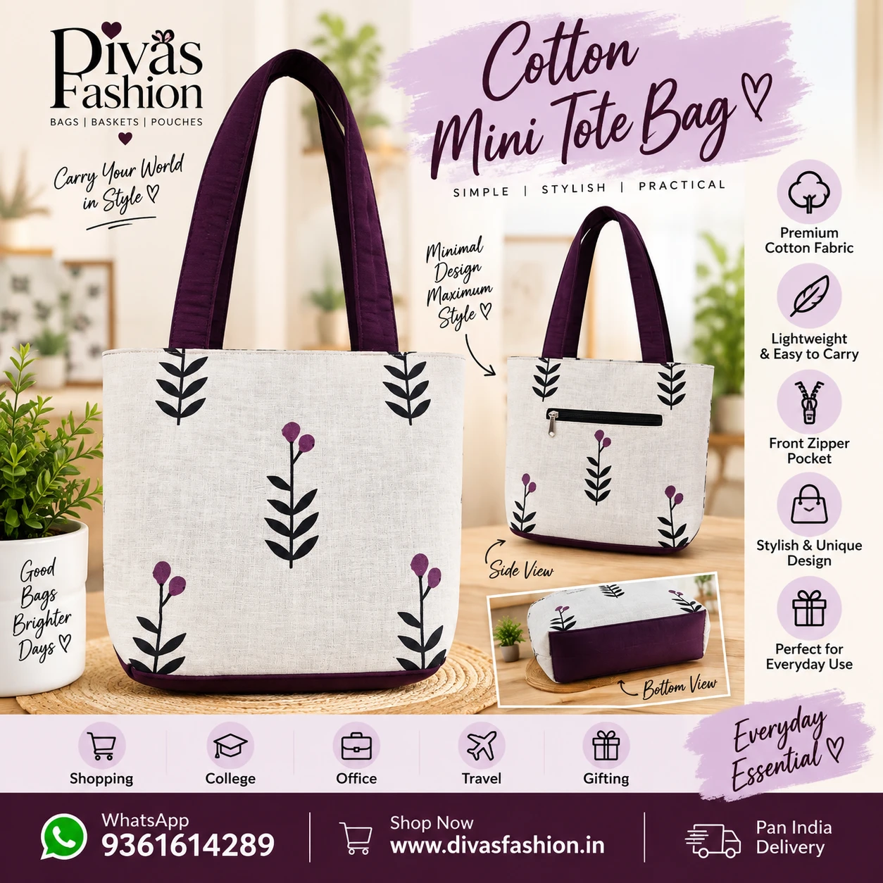 Pure Cotton  Small Handbag with Zip